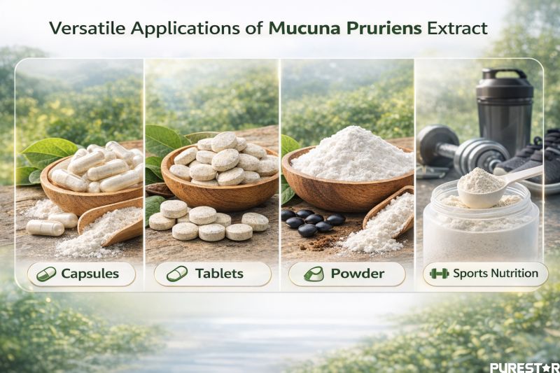 Mucuna Pruriens Extract applications in capsules, tablets, powder blends and sports nutrition formulations standardized to L-Dopa