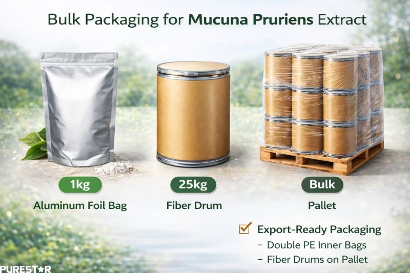 Bulk packaging options for Mucuna Pruriens Extract including 1kg aluminum foil bag and 25kg fiber drum export-ready supply