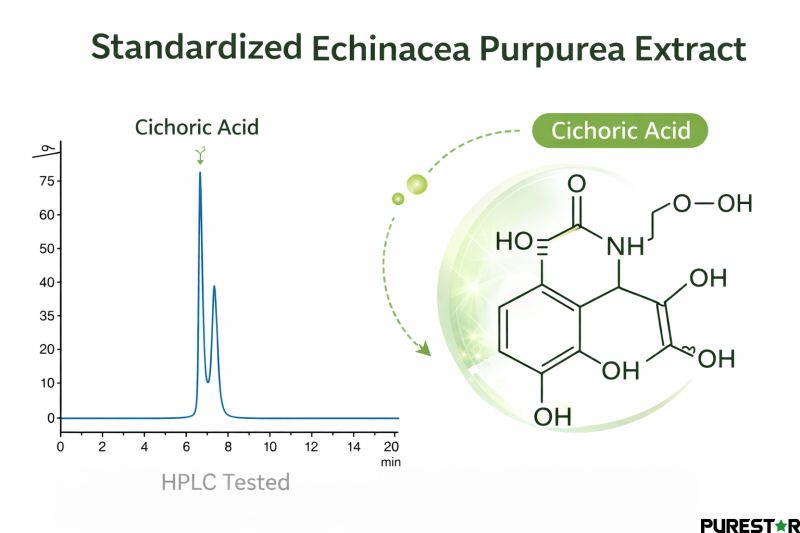 HPLC chromatogram and cichoric acid structure confirming standardized Echinacea Purpurea Extract assay testing and quality control parameters