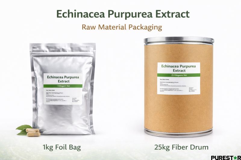 Bulk packaging options of Echinacea Purpurea Extract including 1kg foil bag and 25kg fiber drum for B2B raw material supply