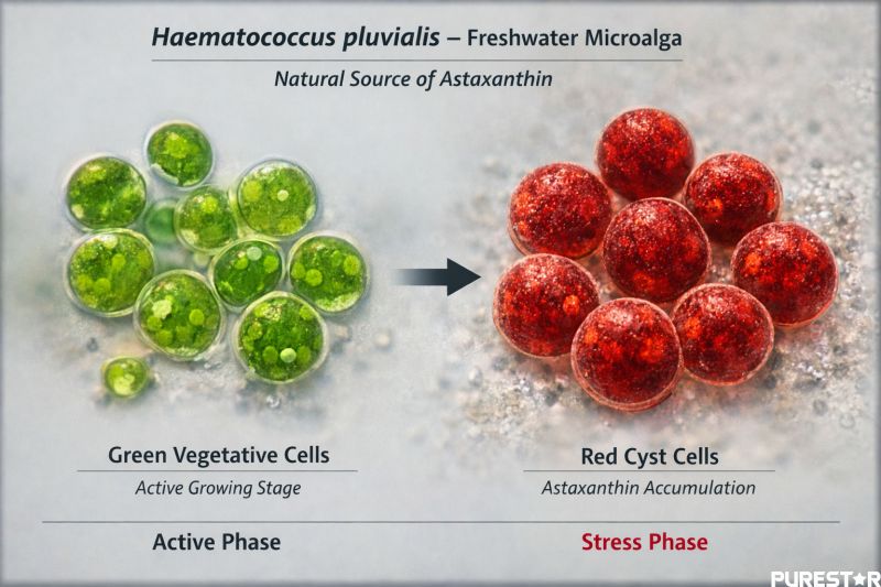Microscopic view of Haematococcus pluvialis showing green vegetative cells and red cyst cells during natural astaxanthin accumulation in freshwater microalgae.