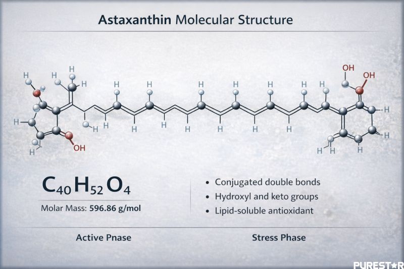 Molecular structure of natural astaxanthin (C40H52O4) highlighting conjugated double bonds and hydroxyl keto groups of this lipid-soluble algal carotenoid antioxidant.