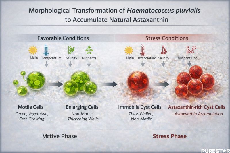 Morphological transformation of Haematococcus pluvialis from green motile cells to astaxanthin-rich red cyst cells under environmental stress conditions.