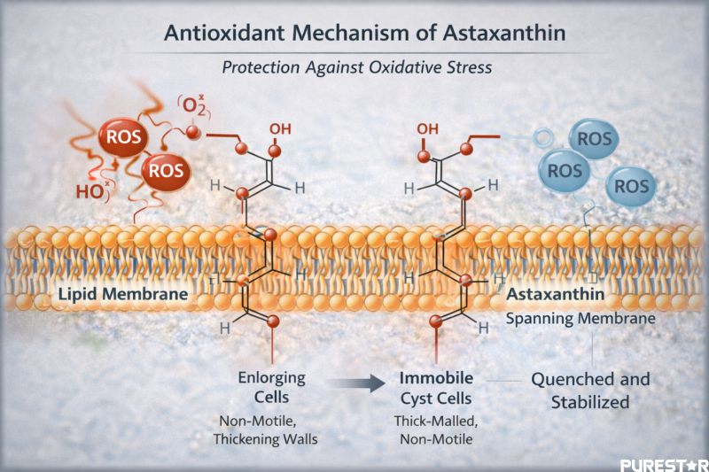 Illustration of natural astaxanthin spanning a lipid membrane to neutralize reactive oxygen species, demonstrating its function as a microalgae antioxidant.