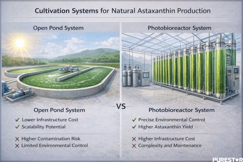 Comparison of open pond and photobioreactor cultivation systems for Haematococcus pluvialis used in natural astaxanthin production.