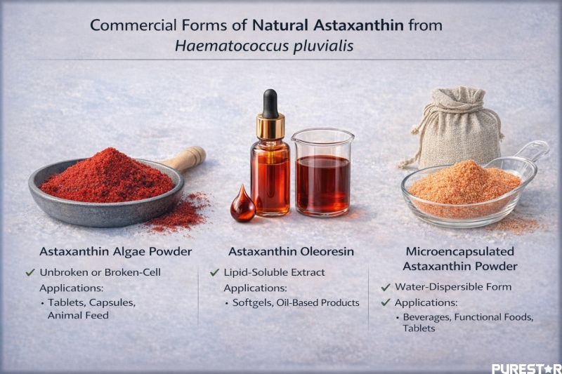 Commercial forms of natural astaxanthin from Haematococcus pluvialis including algae powder, oleoresin extract, and microencapsulated powder.