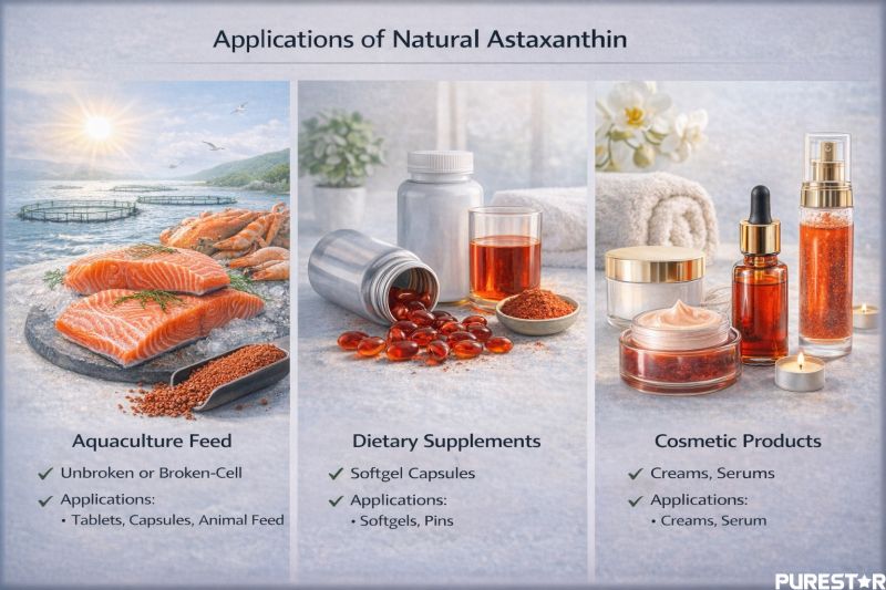 Applications of natural astaxanthin in aquaculture feed, dietary supplements, and cosmetic formulations as a natural carotenoid source.