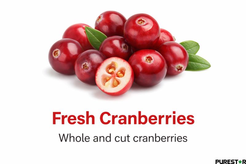 Fresh cranberries whole and cut showing natural color and structure of Vaccinium macrocarpon fruit rich in polyphenols and antioxidants