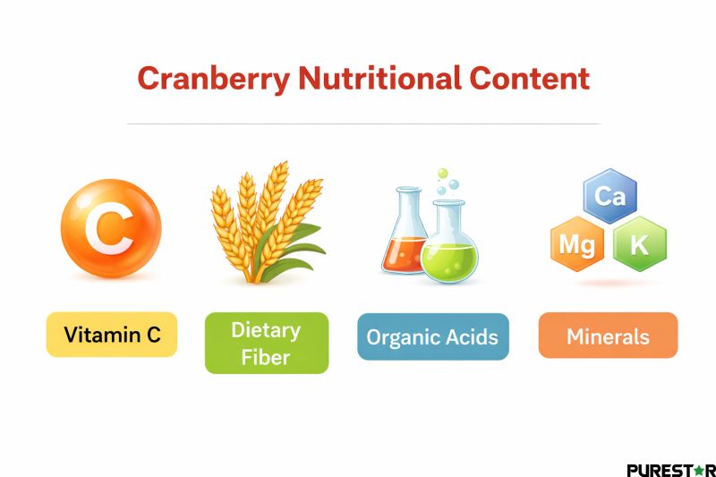 Cranberry nutritional content infographic highlighting vitamin C dietary fiber organic acids and essential minerals in cranberry fruit