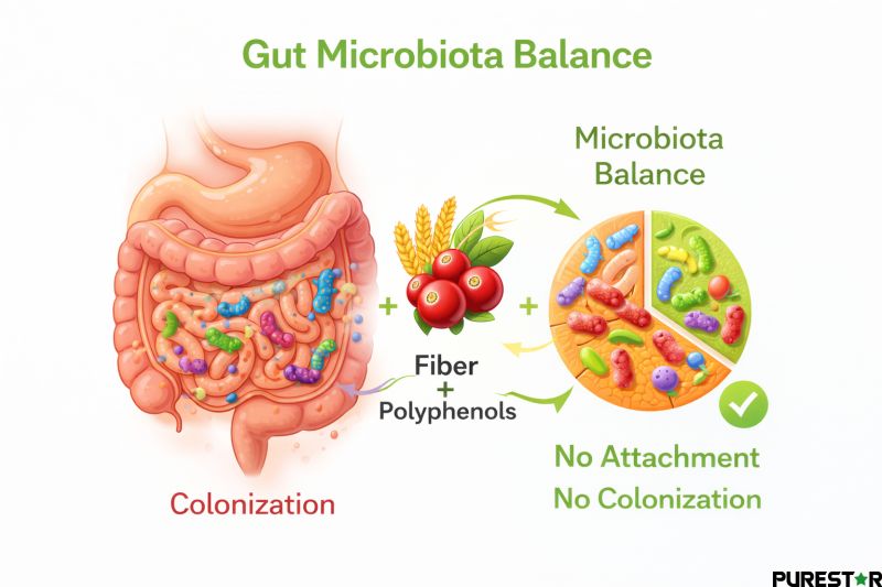 Cranberry fiber and polyphenols supporting gut microbiota balance and digestive health infographic