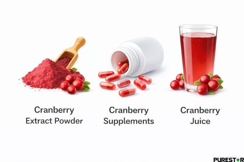 Cranberry extract powder capsules and cranberry juice product forms for functional food and supplement applications