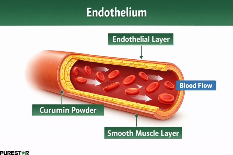 Cross-sectional diagram of blood vessel endothelium showing endothelial cells and blood flow related to curcumin endothelial function support