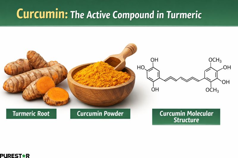 Curcumin molecular structure and turmeric root with curcumin powder illustrating the active compound curcumin for endothelial cell protection research