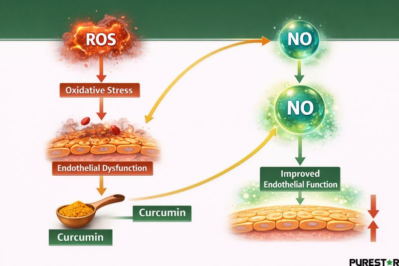 Curcumin reduces oxidative stress in endothelial cells by lowering ROS and increasing nitric oxide to improve endothelial function