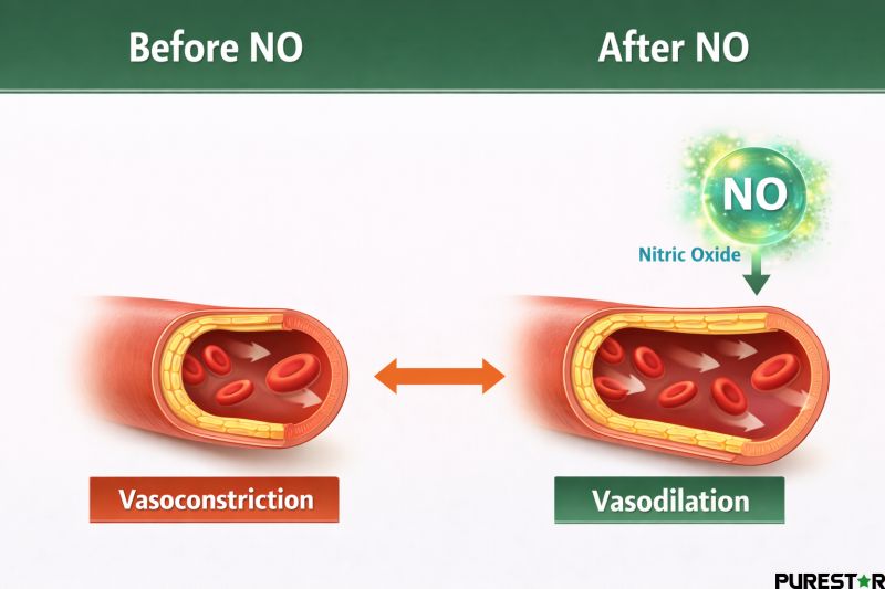 Comparison of vasoconstriction and vasodilation before and after nitric oxide production showing improved endothelial function with curcumin support