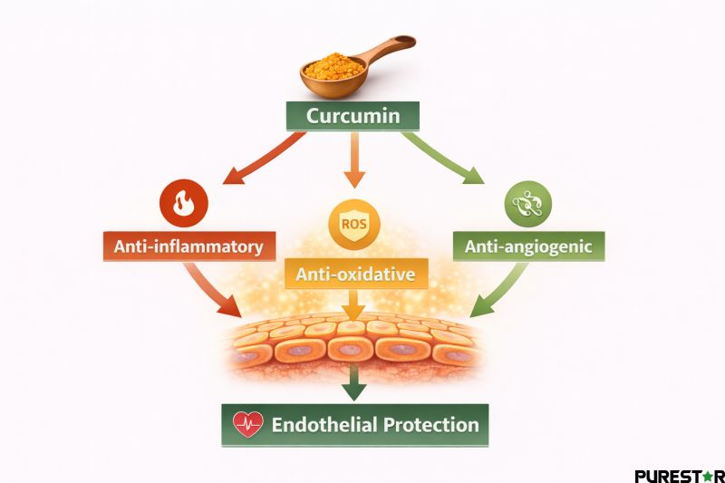 Curcumin provides anti-inflammatory, anti-oxidative and anti-angiogenic effects leading to endothelial protection and cardiovascular health support
