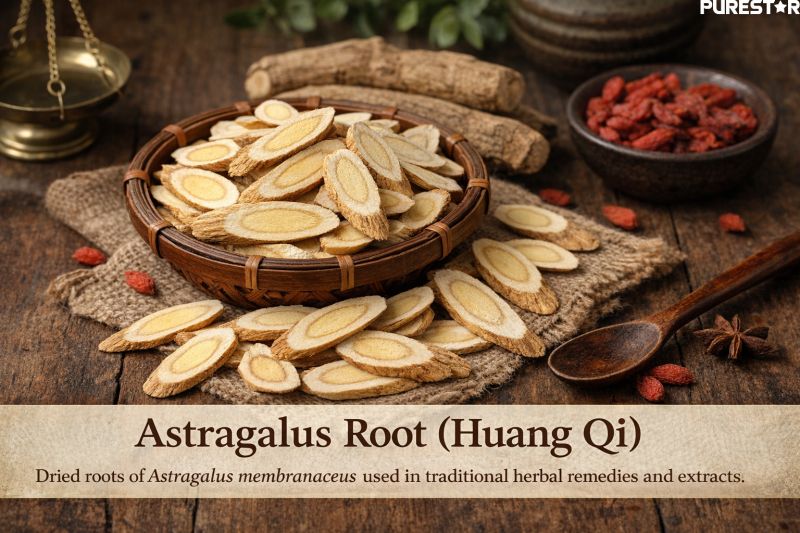 High-resolution image of dried Astragalus root slices used for producing standardized Astragalus extract rich in polysaccharides and saponins