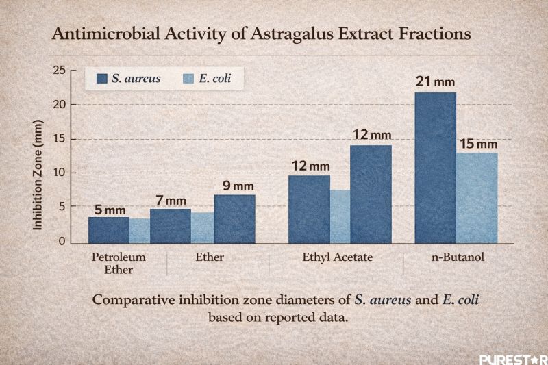 Bar chart comparing inhibition zone diameters of different solvent fractions of Astragalus extract against Staphylococcus aureus and Escherichia coli