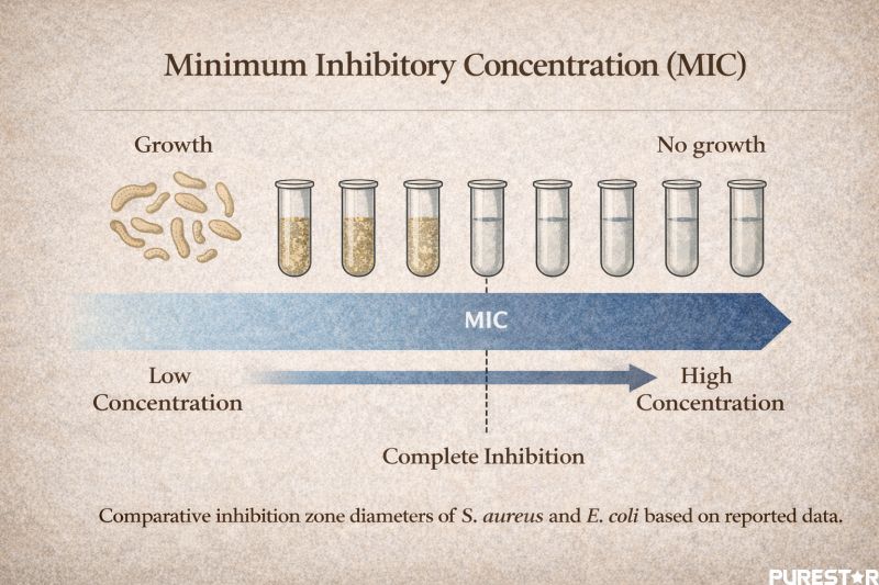Illustration explaining minimum inhibitory concentration testing of Astragalus extract showing concentration-dependent bacterial growth inhibition