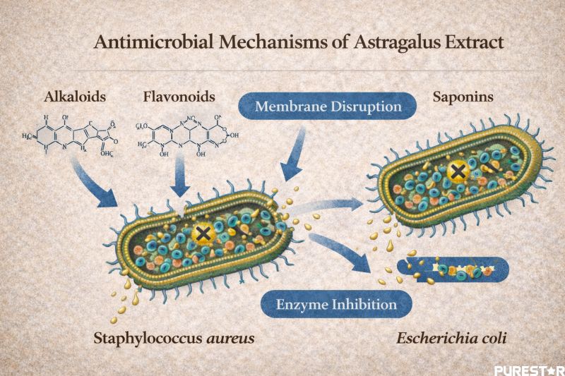 Scientific infographic illustrating potential antimicrobial mechanisms of Astragalus extract including membrane disruption and enzyme interference by saponins and flavonoids