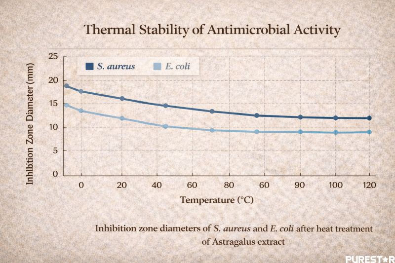 Line graph demonstrating thermal stability of antimicrobial activity in Astragalus extract across different temperature conditions
