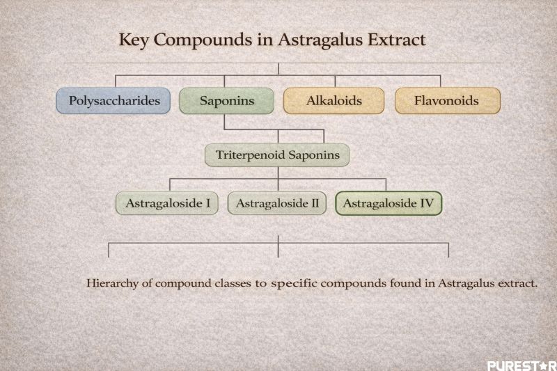 Compound hierarchy diagram showing polysaccharides, saponins, alkaloids, flavonoids and triterpenoid saponins such as Astragaloside IV in Astragalus extract