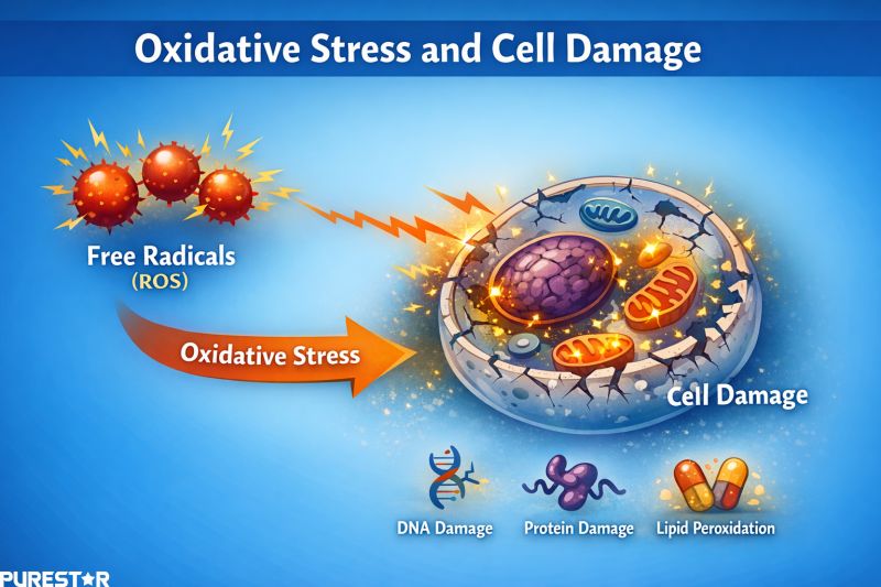 Illustration showing oxidative stress caused by free radicals (ROS) leading to cellular damage including DNA, protein, and lipid peroxidation.