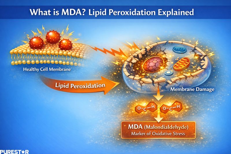 Diagram explaining lipid peroxidation and MDA formation as a marker of oxidative stress in damaged cell membranes.