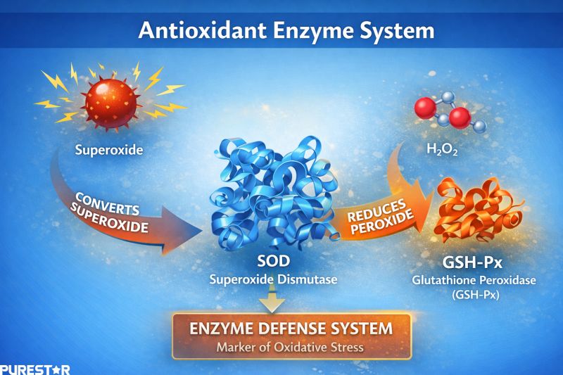 Educational graphic illustrating the antioxidant enzyme system, including superoxide dismutase (SOD) and glutathione peroxidase (GSH-Px) reducing reactive oxygen species.