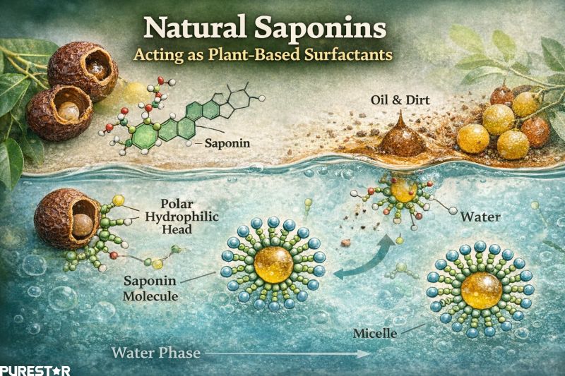 natural saponins acting as plant based surfactants forming micelles to remove oil and dirt from surfaces