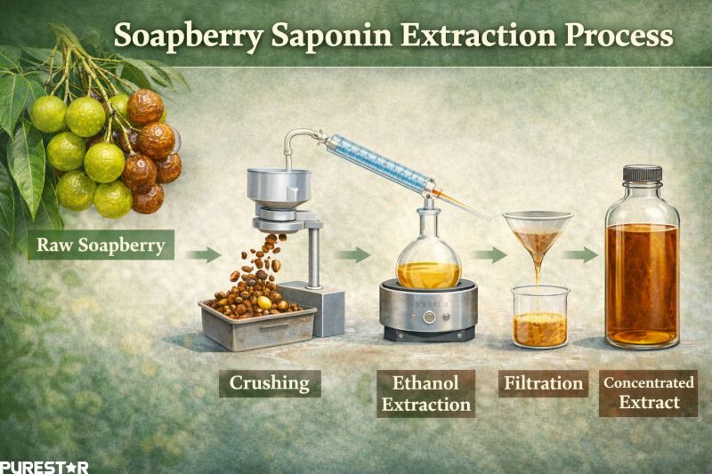 soapberry saponin extraction process including raw soapberry crushing ethanol extraction filtration and concentrated extract production