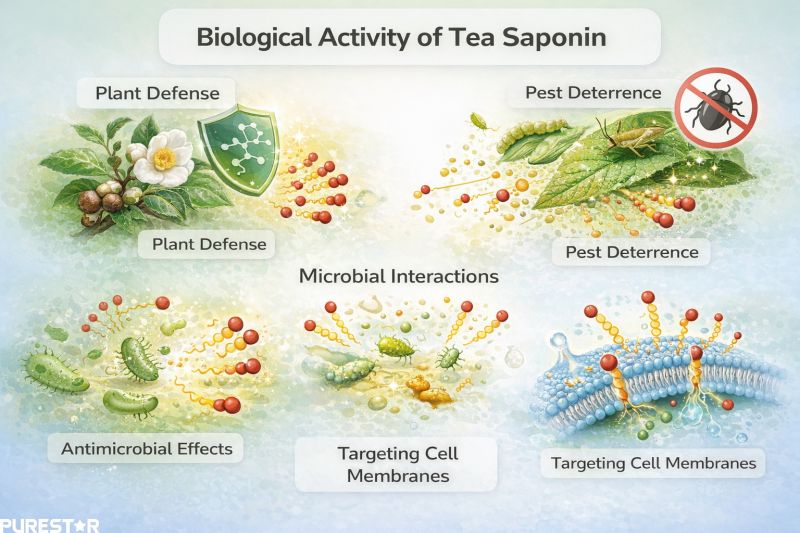Biological activity of tea saponin including antimicrobial and plant defense effects
