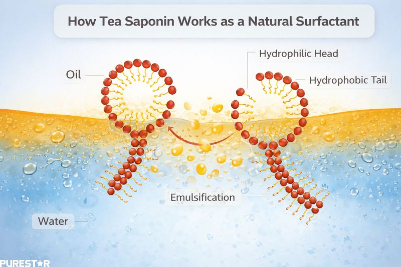 Tea saponin surfactant mechanism showing hydrophilic and hydrophobic interaction