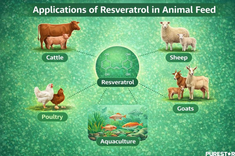 applications of resveratrol in animal feed for cattle sheep goats poultry and aquaculture species as a natural livestock feed additive