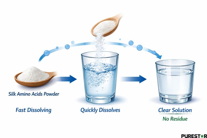 Silk Amino Acids Powder fully water soluble clear solution no sediment fast dissolution