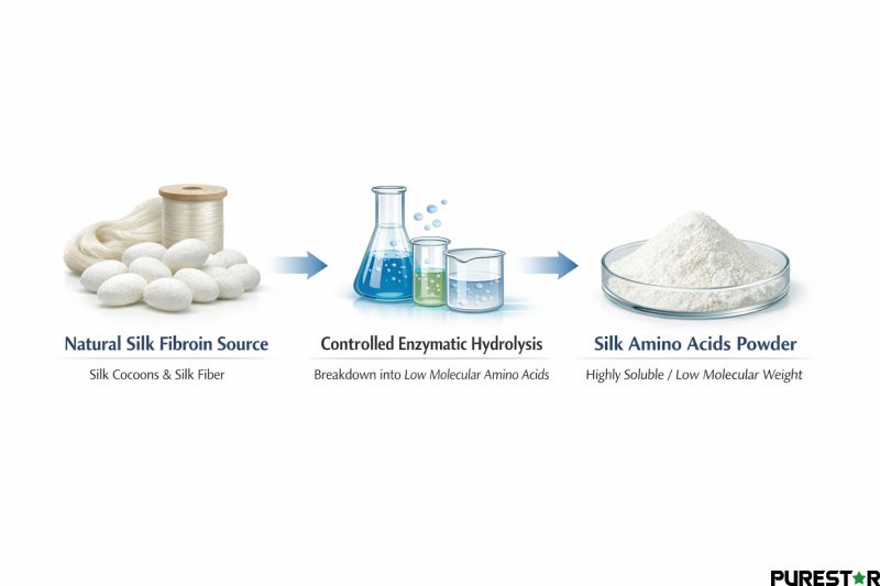 Silk Amino Acids Powder production process from silk fibroin enzymatic hydrolysis low molecular amino acids