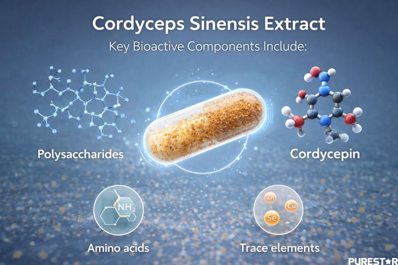 Cordyceps sinensis extract polysaccharides and cordycepin molecular structure concept illustration