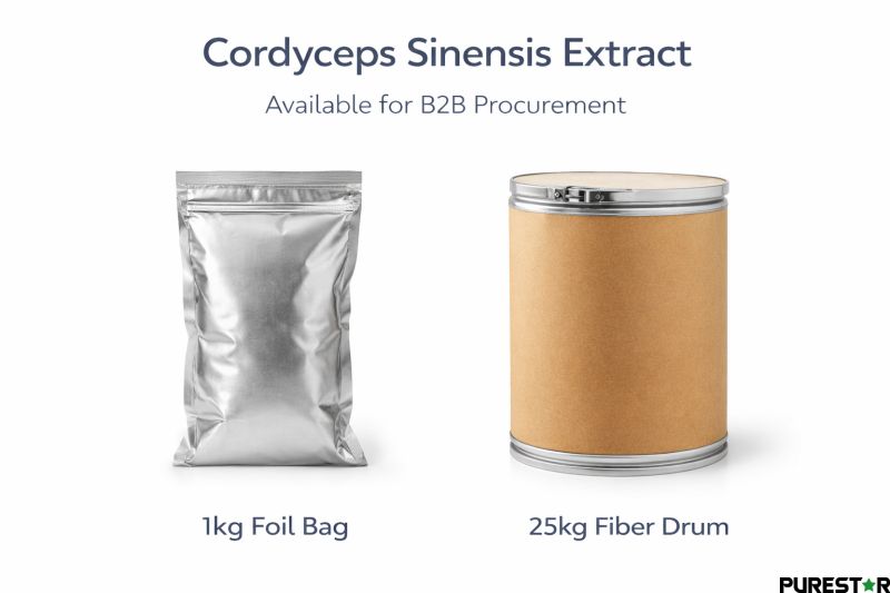 Cordyceps sinensis extract packaging 1kg foil bag and 25kg fiber drum bulk supply
