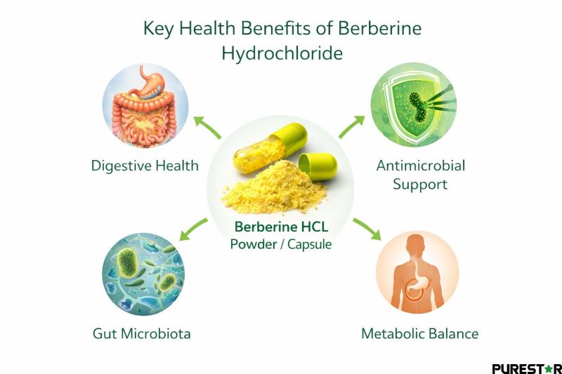 Berberine Hydrochloride benefits concept antimicrobial gut health metabolic support infographic