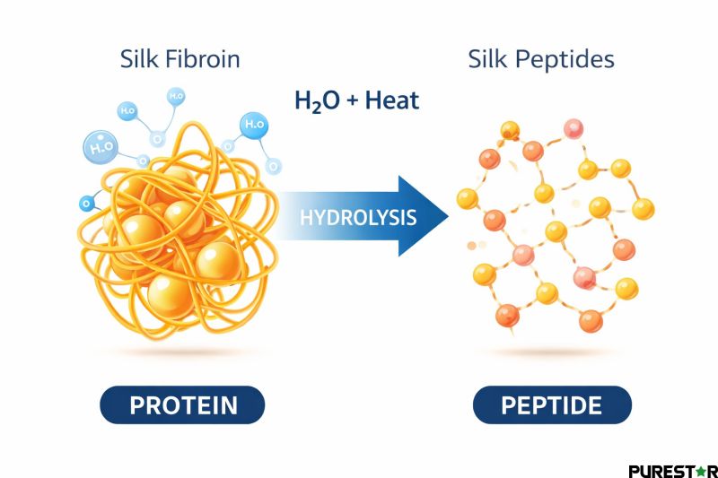 silk fibroin hydrolysis process diagram showing protein breaking into silk peptides silk protein hydrolysate concept