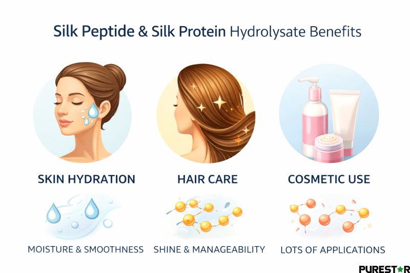 silk peptide benefits for skin hydration hair care and cosmetic use silk protein hydrolysate applications infographic