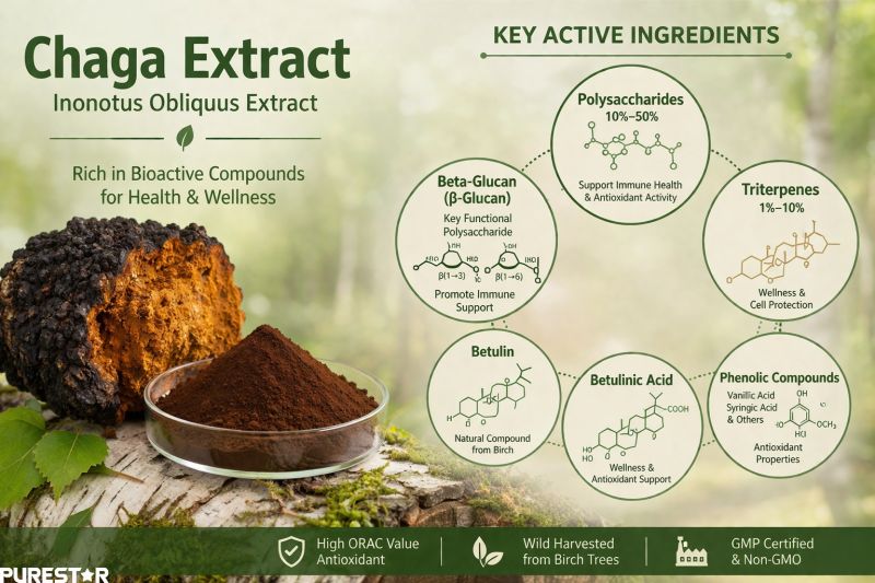 Chaga extract powder active compounds including polysaccharides beta glucan triterpenes and phenolic compounds illustration