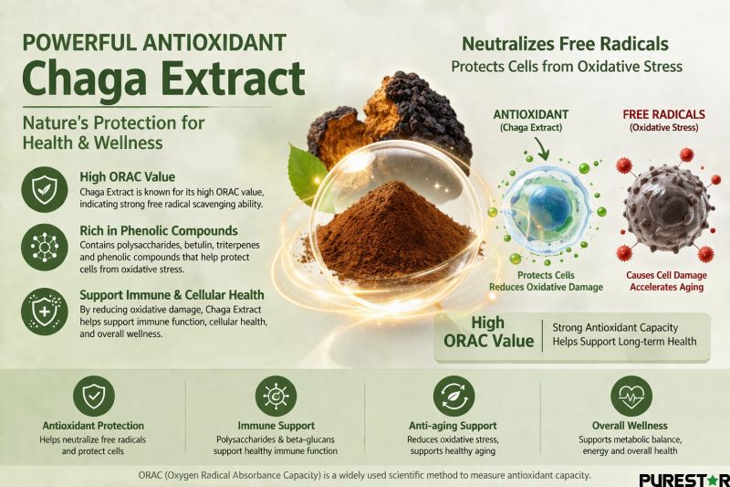 Chaga extract antioxidant activity neutralizing free radicals supporting immune system and cellular health ORAC value illustration