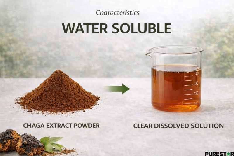 Chaga extract powder water solubility demonstration dissolving into clear solution suitable for beverage and formulation use
