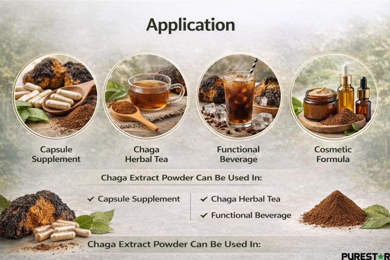 Chaga extract powder applications in capsule supplement herbal tea functional beverage and cosmetic formulations
