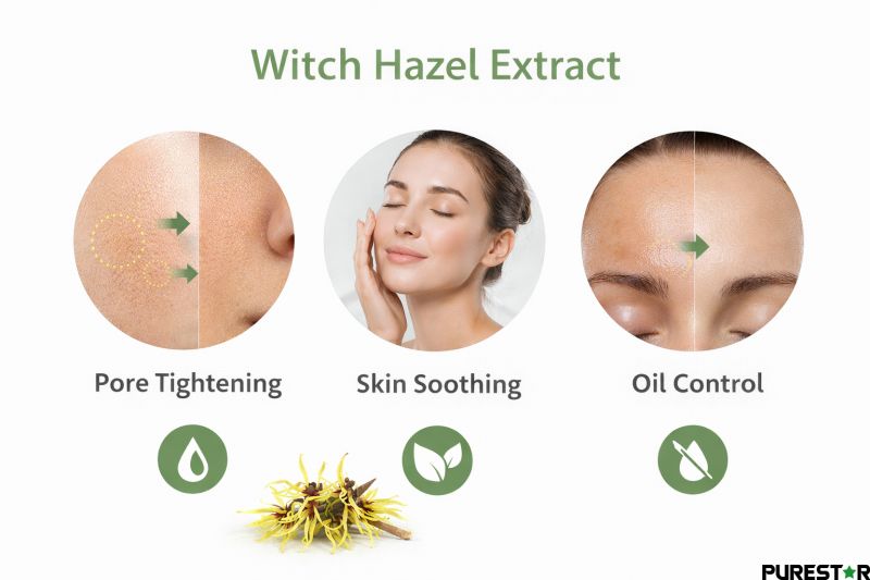 Skin benefits of Witch Hazel Extract including pore tightening, skin soothing, and oil control effects