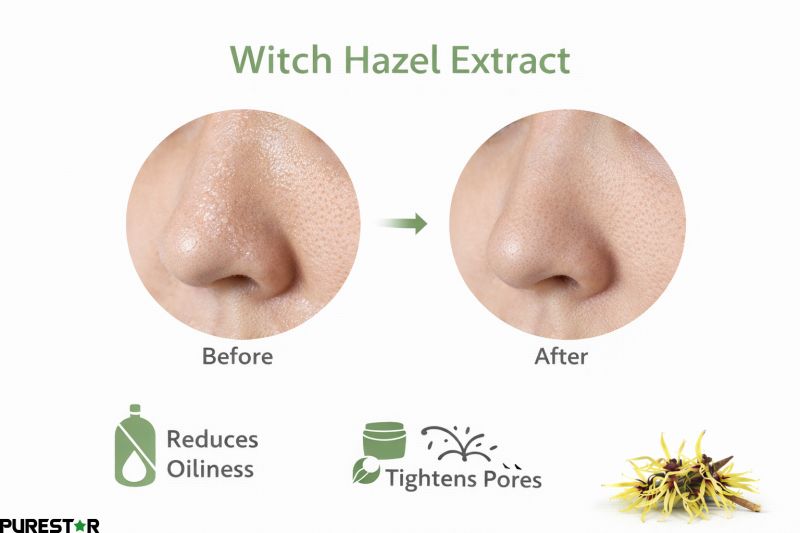 Before and after comparison showing oil control and pore tightening effect of Witch Hazel Extract on skin