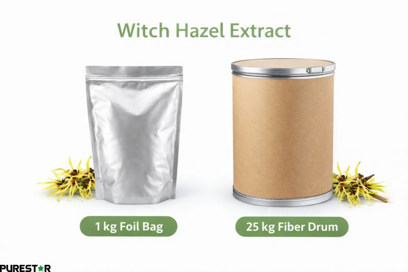 Bulk packaging of Witch Hazel Extract including 1 kg foil bag and 25 kg fiber drum for wholesale supply