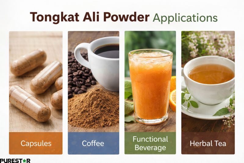 Tongkat Ali Powder applications in capsules coffee functional beverages and herbal tea using Tongkat Ali Root Extract
