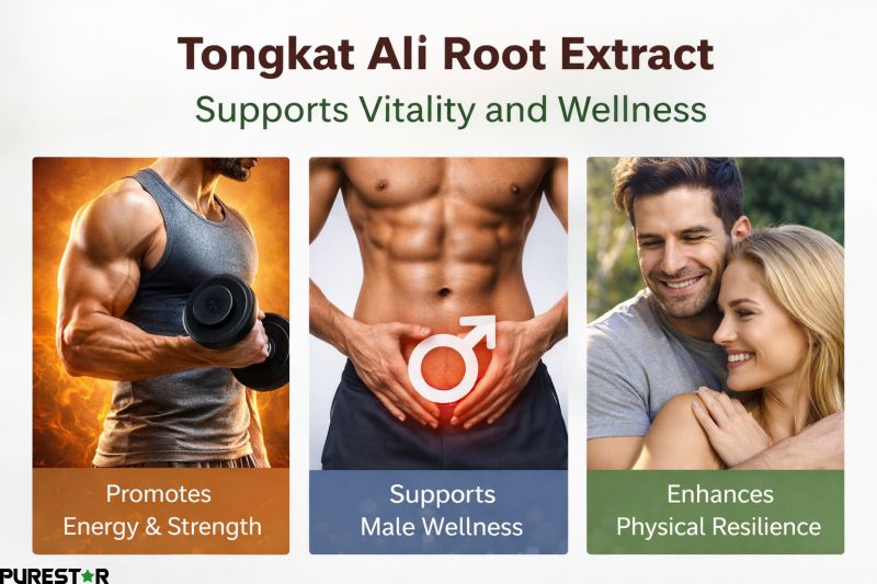 Tongkat Ali Powder benefits concept image showing vitality energy and male wellness support with Tongkat Ali Root Extract